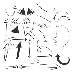 Hand-drawn simple arrows set in different direction up, down, left, right. Arrow for infographic, presentation. Collection of pointers. Isolated on white background. Vector arrows.