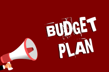 Handwriting text Budget Plan. Concept meaning financial schedule for a defined period of time usually year Man holding megaphone loudspeaker red background message speaking loud