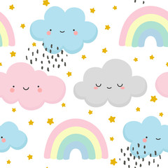 cloud pattern, cute face cloud background, rainbow and stars seamless pattern, cartoon vector illustration, sky background for baby