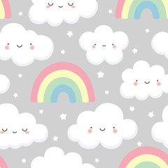 cloud pattern, cute face cloud background, rainbow and stars seamless pattern, cartoon vector illustration, sky background for baby