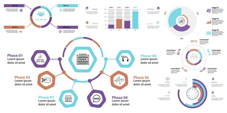 Business inforgraphic design set for strategy concept. Can be used for business project, annual report, web design. Process chart, option chart, flowchart, scatter plot, line graph