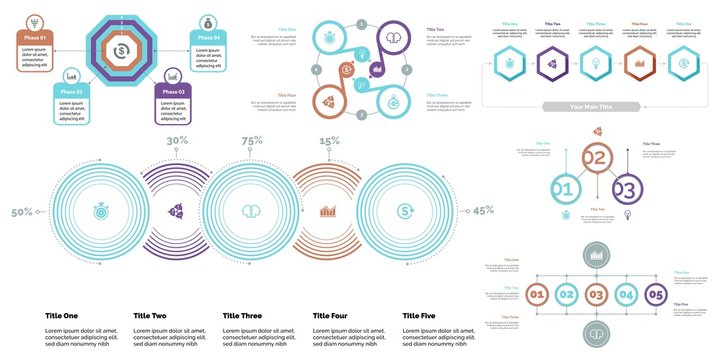 Business inforgraphic design set for strategy concept. Can be used for business project, annual report, web design. Process chart, option chart, flowchart, scatter plot, line graph