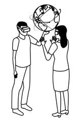 virtual reality technology experience cartoon in black and white
