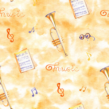 A seamless pattern with hand drawn music instruments on a watercolor background texture.