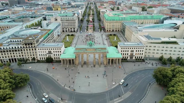 Aerial View of Brandenburg Gate (Brandenburger Tor) - monument in Berlin, Capital of Germany, Europe. 4K Drone Shot of European City Landmark