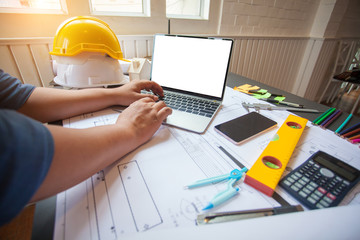 Concept Architect  and desk of Architectural project in construction site or office building with...