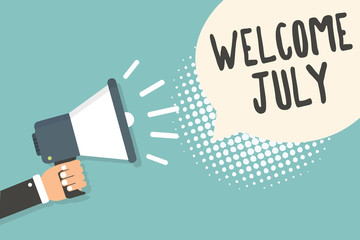 Handwriting text Welcome July. Concept meaning Calendar Seventh Month 31days Third Quarter New Season Man holding megaphone loudspeaker speech bubble blue background halftone
