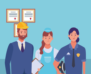 Professionals workers characters smiling cartoons