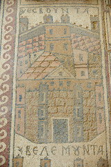 Ancient Roman floor mosaic in the Saint Stevens Church at an archeological site in Umm ar-Rasas, Jordan. UNESCO World heritage site