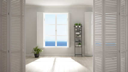 White folding door opening on modern stylish empty room with panoramic windows, white interior design, architect designer concept, blur background