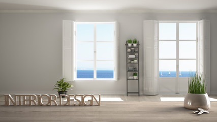 Wooden table, desk or shelf with potted grass plant, house keys and 3D letters making the words interior design, over room with panoramic windows, project concept copy space background