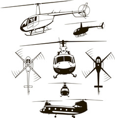 helicopters, set, vector illustration, icon, symbol, monogram, isolated, silhouette