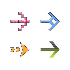 Arrow types color icons set. Pixel, shaped, dashed, striped next, forward arrow. Arrowhead showing right direction. Next. Pointer, indicator symbol. Navigation cursor. Isolated vector illustrations