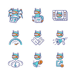 Fototapeta premium Web robots color icons set. Crawler, text-reading, propaganda, backlink checker, informational bot. Proactive, optimizer robot. Artificial intelligence. Software app. Isolated vector illustrations