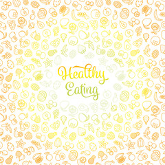 Seamless healthy eating vector wallpaper with various fruits icons. White outlined symbols on white background. Food illustration.