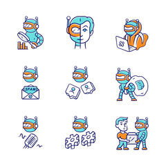 Internet bots color icons set. Hacker, voice, spam, impersonator, monitoring, work, scraper robots. Software program. Artificial intelligence. Cyborgs, malicious bots. Isolated vector illustrations