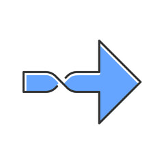 Twisted blue arrow color icon. Direction arrowhead. Pointing cursor. Arrow indicating rightward. Pointer, indicator. Next. Motion signpost. Navigation sign. Isolated vector illustration