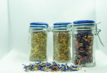 ecological herbal tea  in glass jars