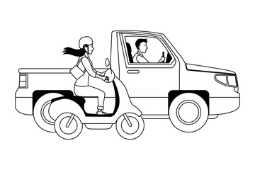 Vehicle and motorcycle with drivers riding in black and white