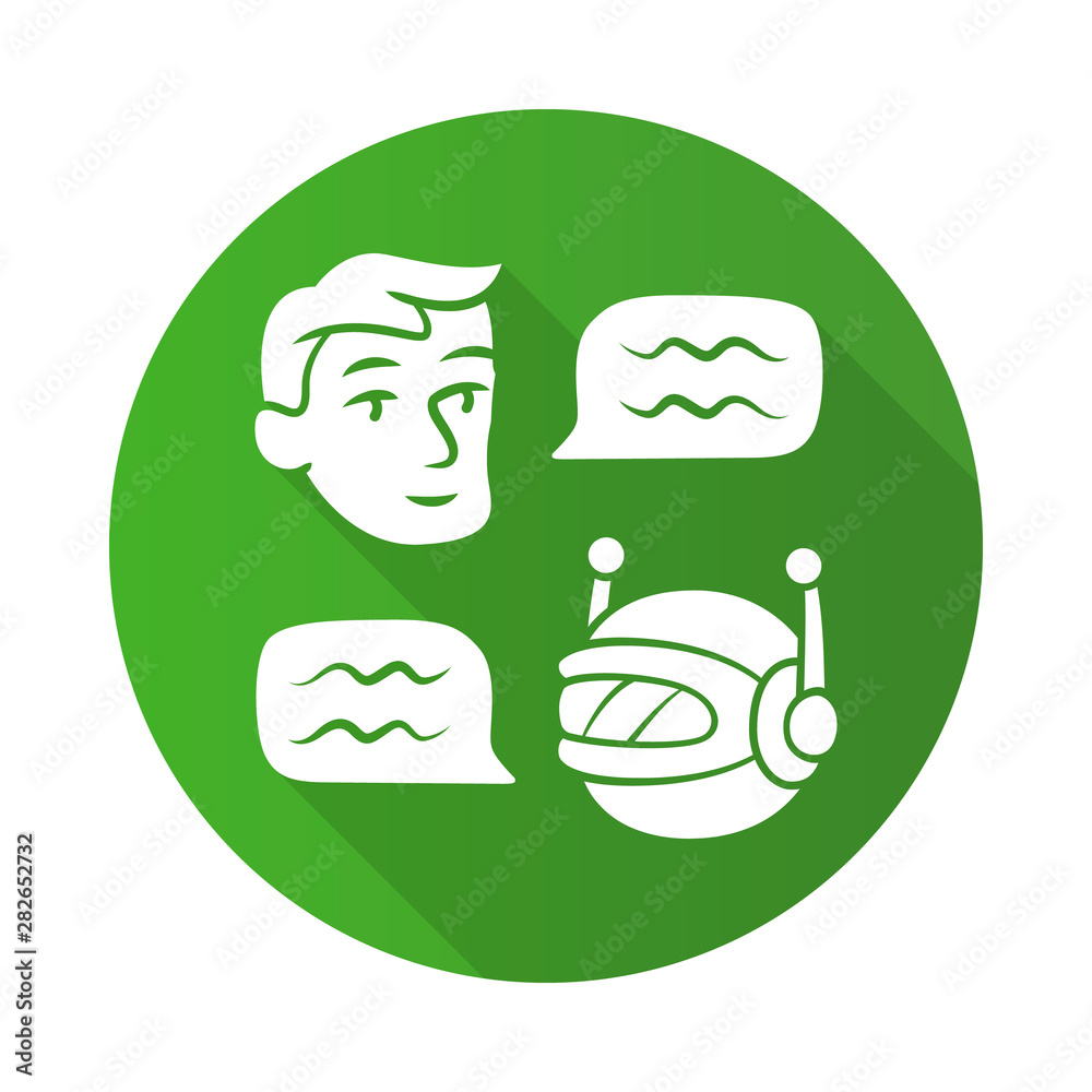 Wall mural Chatbot flat design long shadow glyph icon. Online customer support robot. Help service. Man chatting with bot app. Network communication. Artificial intelligence. Vector silhouette illustration