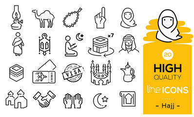Hajj season icons set including mosque, Muslim icons, religious items, mecca, Kaaba, prayer, Hajj process and prayers