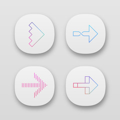 Rightward arrows app icons set. Twisted, notched, striped next, forward arrows. Navigation pointer. Motion indicator. UI/UX user interface. Web or mobile applications. Vector isolated illustrations