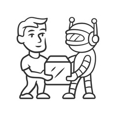 Transactional bot linear icon. Artificial intelligence. Partner bot. Man and robot holding box. Thin line illustration. Contour symbol. Vector isolated outline drawing. Editable stroke