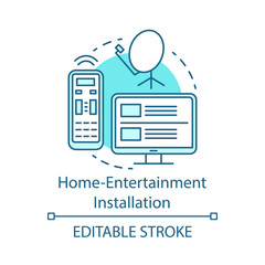 Home-entertainment installation concept icon. Home service for electronic devices idea thin line illustration. Cable TV connection. Vector isolated drawing. Satellite dish installing. Editable stroke