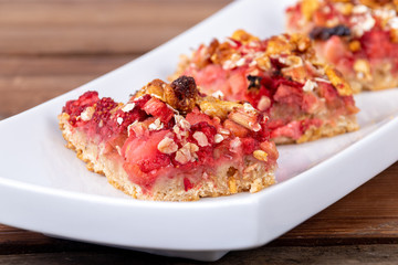 strawberry and rhubarb oatmeal bars baked