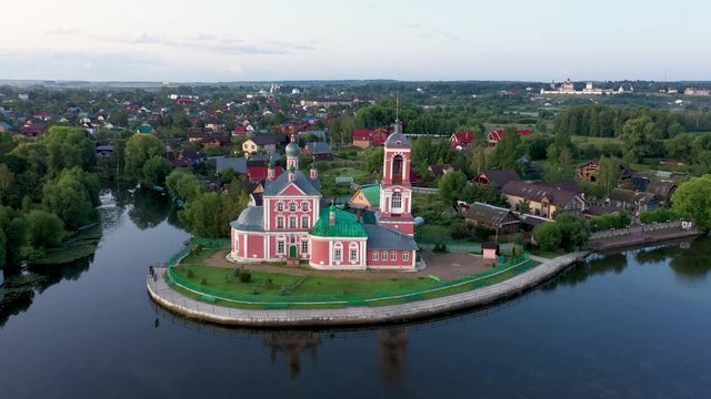Aerial view of Church of the Forty Martyrs of Sebaste on the side of Pleshcheevo lake in Pereslavl-Zalessky, Yaroslavskaya oblast, Russia