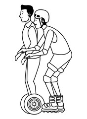 Friends with electric scooter and skateboard in black and white