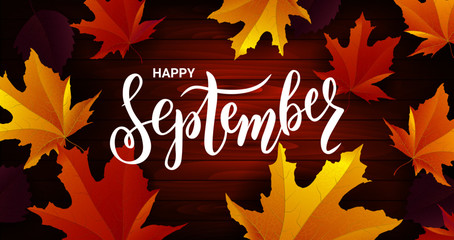 September text on wood texture with autumn leaves. Lettering typography. Vector illustration as poster, postcard, greeting card, invitation template. Concept September advertising