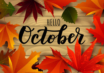 October word. Hand lettering typography with autumn leaves. Vector illustration as poster, postcard, greeting card, invitation template. Concept October advertising - obrazy, fototapety, plakaty