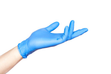 Doctor hand in blue gloves in holding position isolated on white - obrazy, fototapety, plakaty