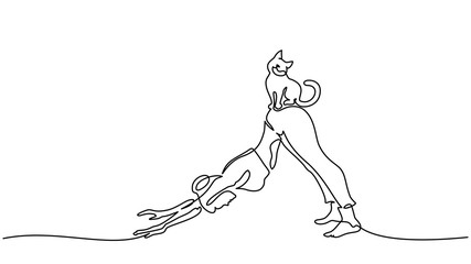 One line drawing. Woman doing yoga with cat
