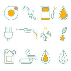 Gasoline station. Auto icons set. Electric Car. Pollution. Petrol icons set. Oil pump and petrol icons with oil drop. Transportation. Oil Related. Renewable lines icons