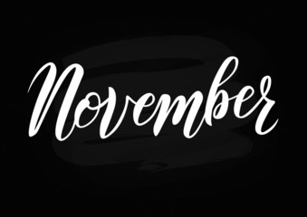 October word. Hand lettering typography with autumn leaves. Vector illustration as poster, postcard, greeting card, invitation template. Concept October advertising