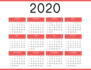 Calendar 2020 year on white background. Simple vector template