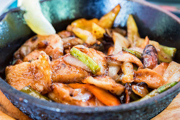 Close up delicious freshly cooked seafood stew with vegetables