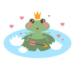 Cute frog princess in love with crown and arrow vector illustration for kids. Princess frog with arrow on lake