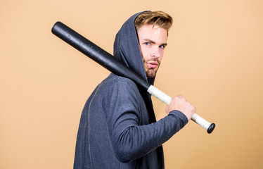 Man bully guy with baseball bat. Strong and confident. Self defence. Sport equipment. Sportsman...