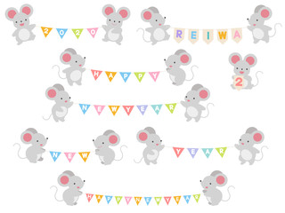 ガーランドを持ったネズミのイラストセット