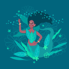 Beautiful mermaid with leaves and flowers. Underwater world. T-shirt design