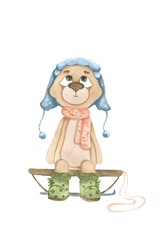 colorful hand drawn watercolor isolated illustration of a baby bear wearing clothes according to different weather