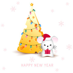 Cheese Christmas tree and cute mouse or rat (symbol of 2020 new year) with Santa red hat and gift box