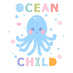 Ocean child octopus. Marine animal concept. Vector illustration