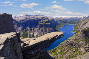 Scenic view of Trolltunga (the famous Troll's tongue Norwegian destination) and Ringedalsvatnet Lake in Odda, Norway