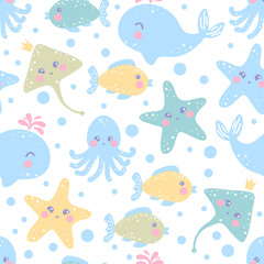 Seamless sea pattern with whale, ramp, fish, starfish, octopus. Vector illustarion. Childish vector seamless ocean wallpaper. Perfect for wallpaper, pattern fill, web page backgrounds, surface texture