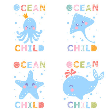 Ocean child. Stingray, octopus, whale, star fish. Sea collection. Set of cute underwater babies