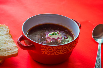  Red soup with vegetables with slices of bread on a pink bright background